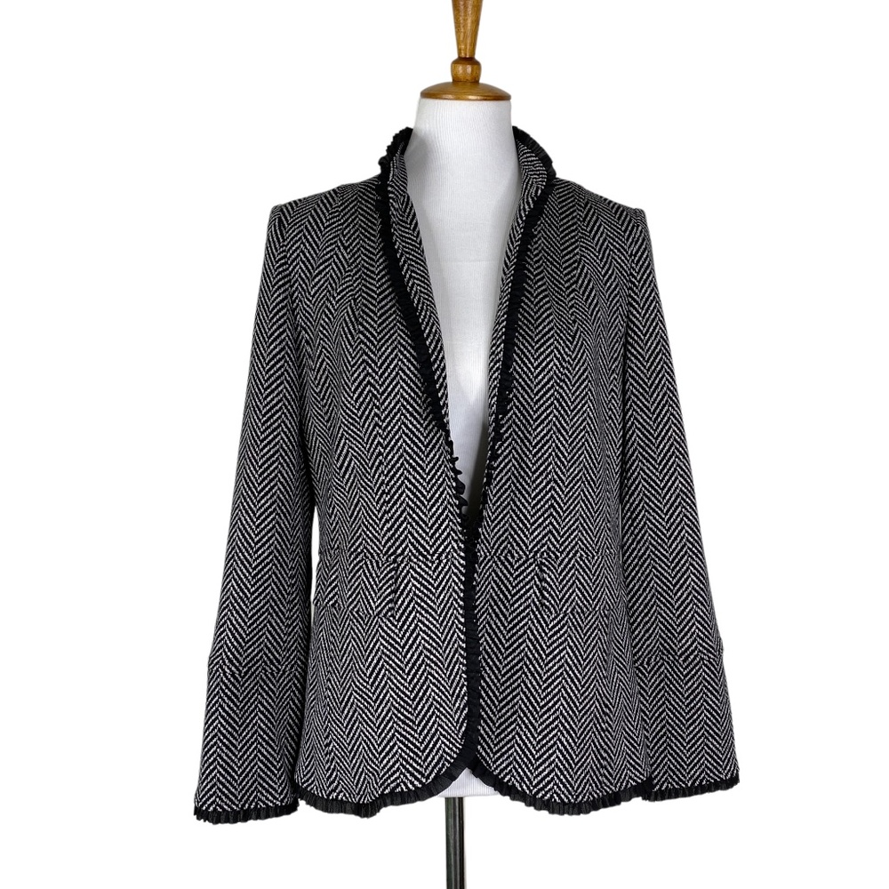 Chicos Chevron Blazer Black White Career Jacket w/Ruffle Sz. 1 (M)